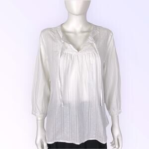 Laundry White Cotton Blouse Peasant V-Neck Boho Top